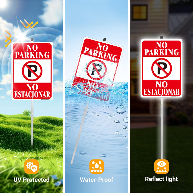 No Parking English Spanish Bilingual Sign, 2 Pack-14"x10"Reflective Aluminum with 36" Long Metal Stakes Set, UV Protected, Fade Resistant, Portable No Parking Sign for House or Business, Easy to Mount Red