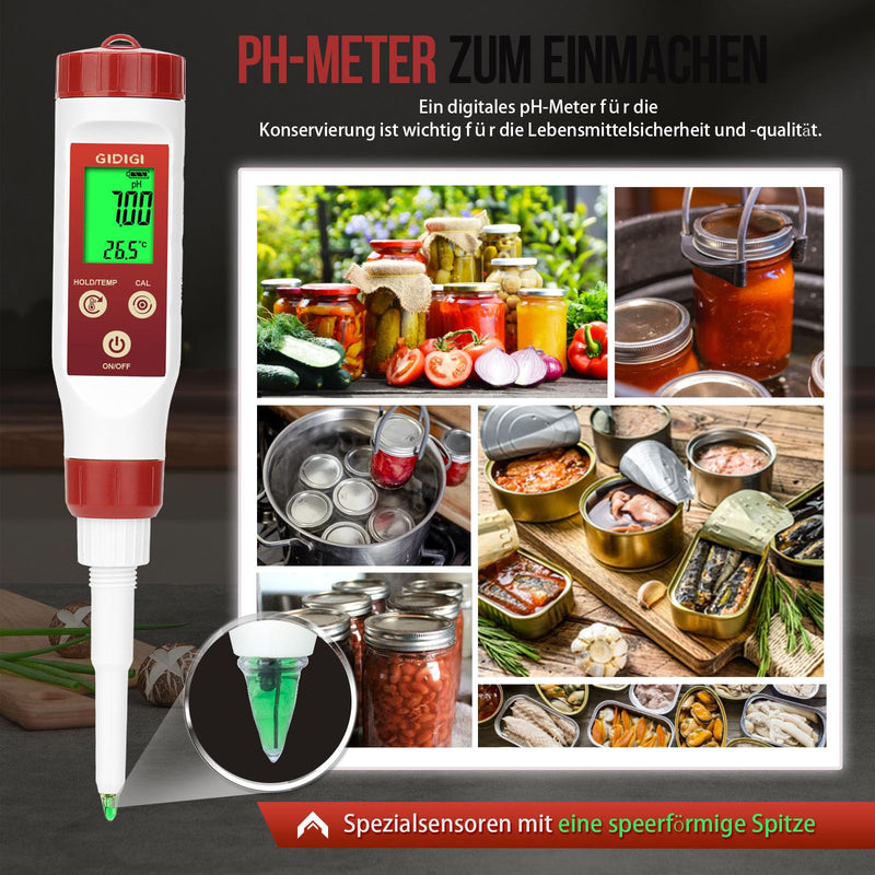 [Australia - AusPower] - pH Meter for Food, GIDIGI Digital pH Tester for Food, Precise pH Test Kits for Preservation with ATC, Professional pH Test Pen for Fermentation, Spear pH Probe for Bread Cheese 