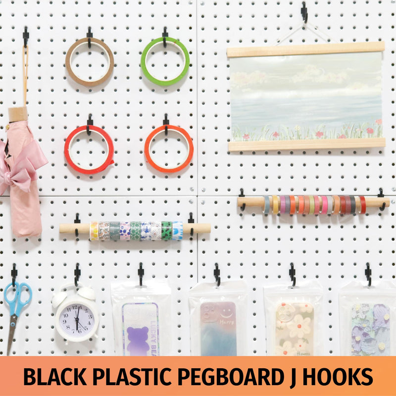 [Australia - AusPower] - HUHOLE Pegboard Plastic Hooks 100pc - Black Peg Board Hooks for Hanging Jewelry, Tools, Hardware, Peg J Hook Only Fits 1/4" Pegboard - Durable Pegboard Hooks for Organized Display Black 100PC 