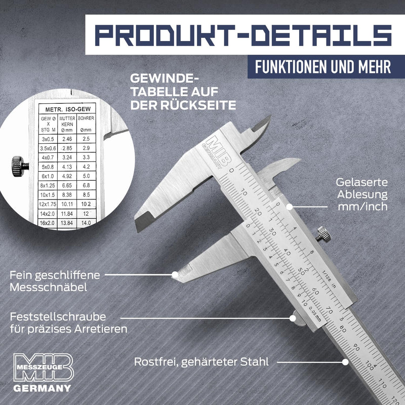 MIB Vernier Caliper Analogue 150 mm | Calliper Analogue | Vernier Caliper | DIN 862 | Thrust gauge made of stainless steel with locking screw | Matt chrome-plated | Caliper for precise 4-way DIN 862 150mm