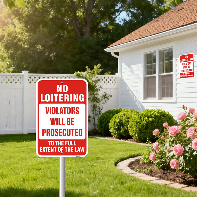 2 Pack No Loitering Signs, 18 x 12 Inch Violators Will Be Prosecuted Sign, No Loitering To The Full Extent Of The Law, Reflective Rust-Free Aluminum, UV Protected Weatherproof for Home & Business.