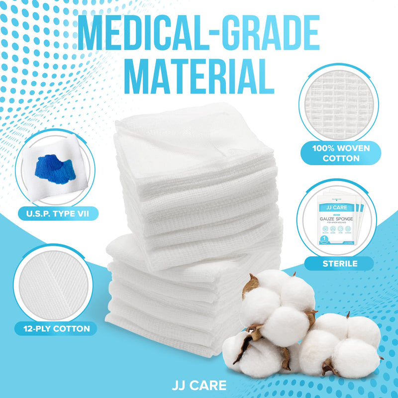 [Australia - AusPower] - JJ CARE Sterile Gauze Pads 2" x 2" (Pack of 100), 12-Ply Cotton Gauze Pads, Individually-Wrapped Sterile Gauze Sponges, 100% Woven, Non-Stick Medical Gauze Pads for First Aid Kit & Wound Care 2x2 Inch (Pack of 100) 