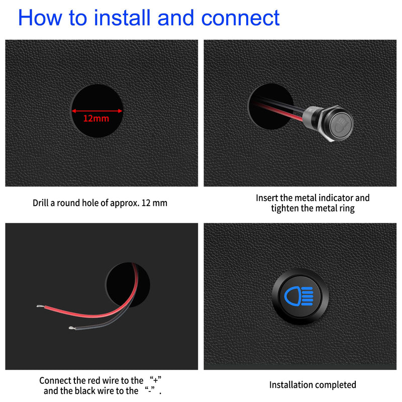 12V LED Indicator Small Light Indicator Waterproof, 1/2"(12mm) Panel Cutout 12V 24V Metal LED Indicator with 22AWG 150MM Wire - High Beam Indicator, Single Arrow Left/Right, Parking Indicator, 4PCS