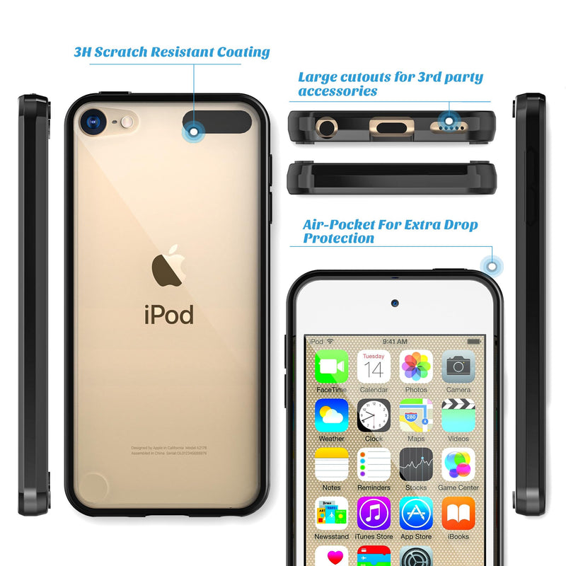 [Australia - AusPower] - ULAK iPod Touch 7 Case,iPod Touch 6 & 5 Case, Clear Slim Hybrid Bumper TPU/Scratch Resistant Hard PC Back/Corner Shock Absorption Case for Apple iPod Touch 5th 6th 7th Generation, Black 