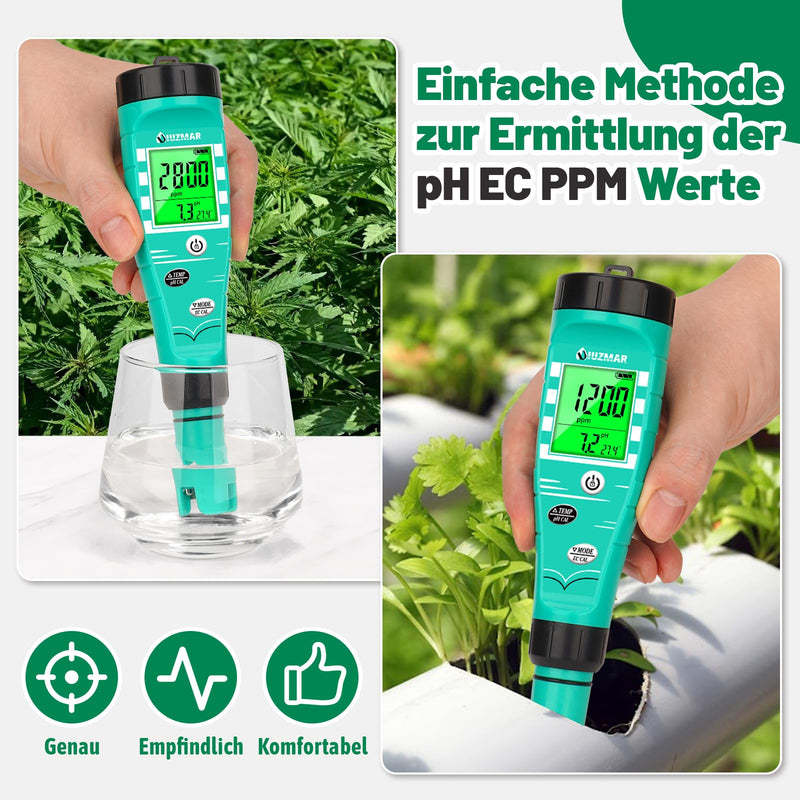 UIUZMAR pH Value Meter Hydroponics, pH EC Meter Grow 4 in 1 | PPM pH Meter for Water Hydroponics, Simultaneous Measurement of pH EC TDS Temperature for DWC, Aeroponic, Aquarium, Fish Pond black green