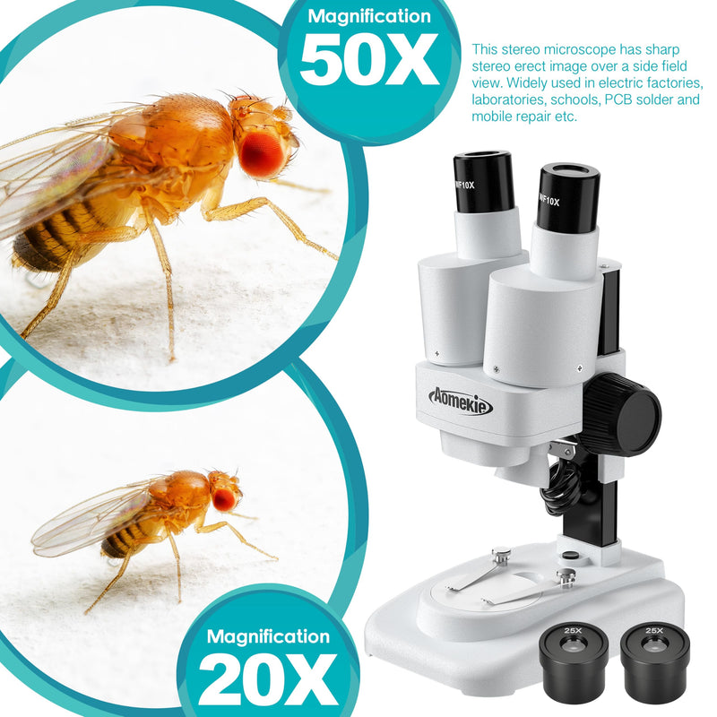 Aomekie® Microscope 20X 50X with 10Pcs Slides Insect Specimen Stereo Microscope with WF eyepieces LED Light Source Portable Stereoscope 12Pcs Mineral specimens