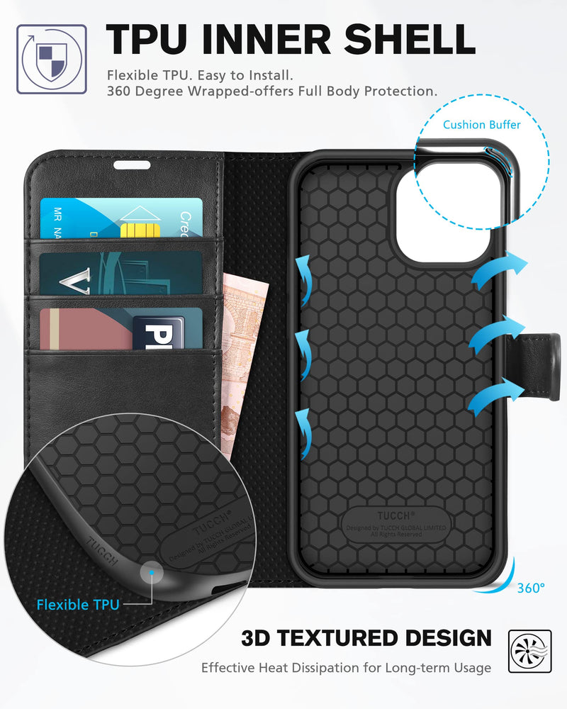 [Australia - AusPower] - TUCCH Case for iPhone 13 Wallet Case, PU Leather Flip Folio Case with [Shockproof TPU Inner Shell], RFID Blocking Card Holder Kickstand Phone Cover Compatible with iPhone 13 6.1-inch 2021, Black 
