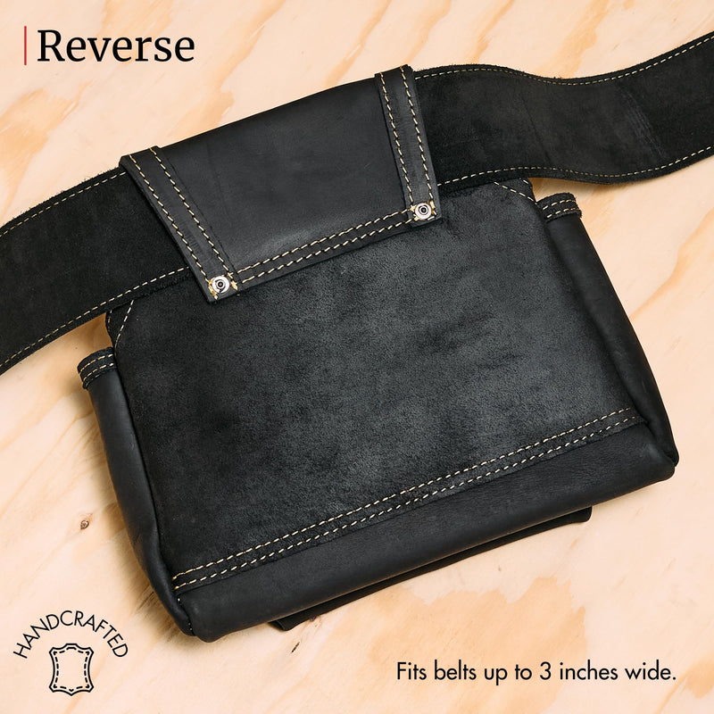 FESA 2 Pocket Nail Pouch for Tool Belts - Leather Screw Pouch with 2 Extra Large Pockets for Fasteners - Heavy Duty Rivets & Stitching - Fits Tool Belts up to 3" - Handcrafted Black