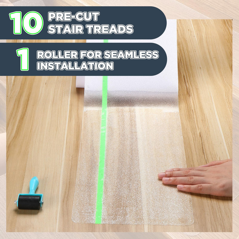 Breling 10 Pcs 8"x30" Non Slip Stair Treads with Glow in The Dark Strips Clear Anti Slip Tape Non Slips Stair Tape with Application Roller Waterproof Self Adhesive Strips for Indoor, Outdoor Steps