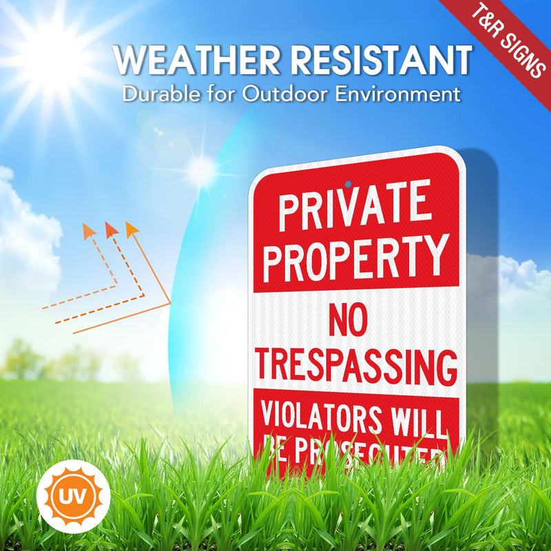 T&R (2 Pack) Large Private Property No Trespassing Sign, 18" x 12" Engineer Grade Reflective Sheeting, Rust Free Aluminum, Weather Resistant, Waterproof, Fade Resistant, 2 Pre-drilled Holes RED - 18" x 12" - 2 Pack