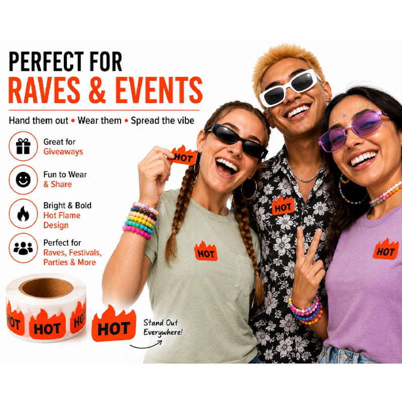 ChromaLabel Hot Stickers, 2 x 1.25 Inch Fluorescent Red Orange Flame Labels, 500/Roll, Rave Hot Stickers for Parties, Festivals, Events, Hot Sauce, Spicy Food & Retail Marking 2" x 1-1/4" Pack of 1