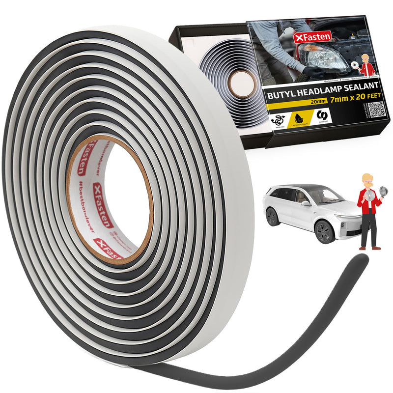 XFasten Butyl Headlamp Sealant, 7 millimeters x 20 Feet, 7 millimeters Thick, OEM Grade Automotive Rubber Butyl Rope Tape for Headlamp, Headlight, Windshield, Window, and Pool Light Sealant Tape Black