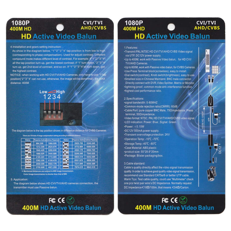 [Australia - AusPower] - Mini CCTV BNC HD CVI/TVI/AHD/CVBS HD Active Video Balun Receiver Power Connector (1080P 400M) 5MP HD-CVI/TVI/AHD Video Balun Transmitter 1 Pair 