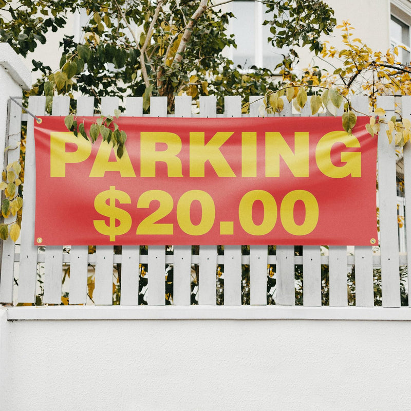 Parking $20 Dollars Banner Sign 18 Inch x 48 Inch | 13 oz Vinyl with Metal Grommets | Heavy-Duty Single-Sided Outdoor Durable Printed High-Quality Weatherproof | Made in the USA Parking $20 Dollars 18" x 48"
