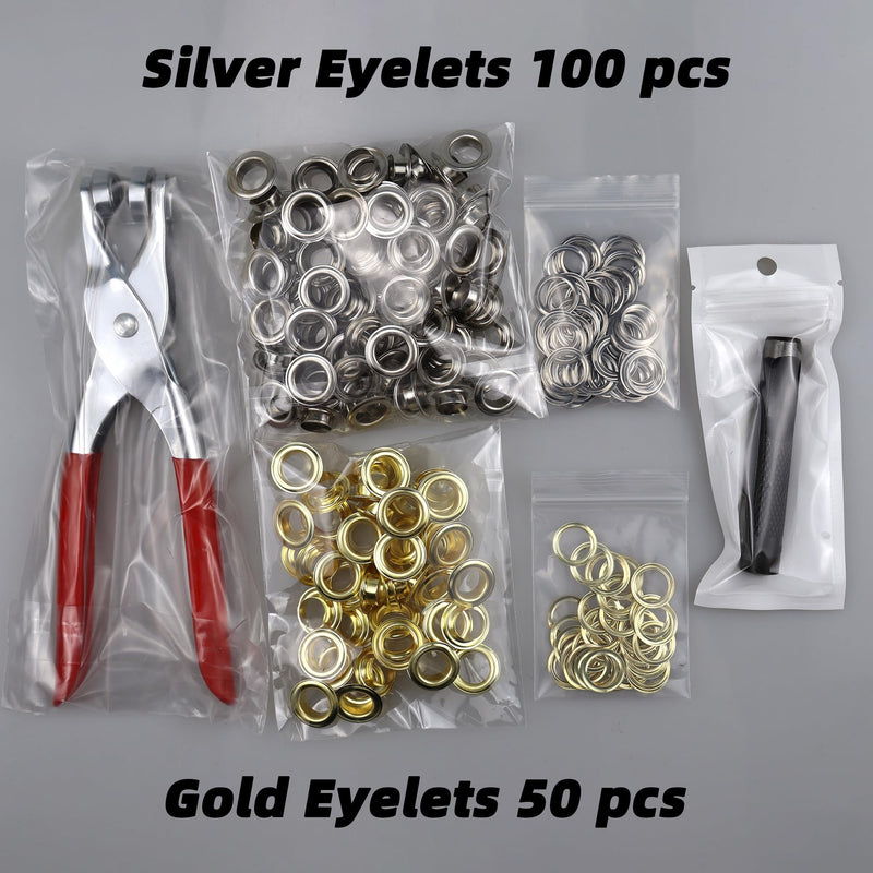150Pcs 1/2 Inch Professional Grommet Tool Kit, Leather Hole Punch Pliers, Metal Eyelets in Golden(100pcs) & Silver(50pcs), Ideal for Leather, Shoes, Fabric, Belts 1/2 Inch-Golden(100pcs) & Silver(50pcs)