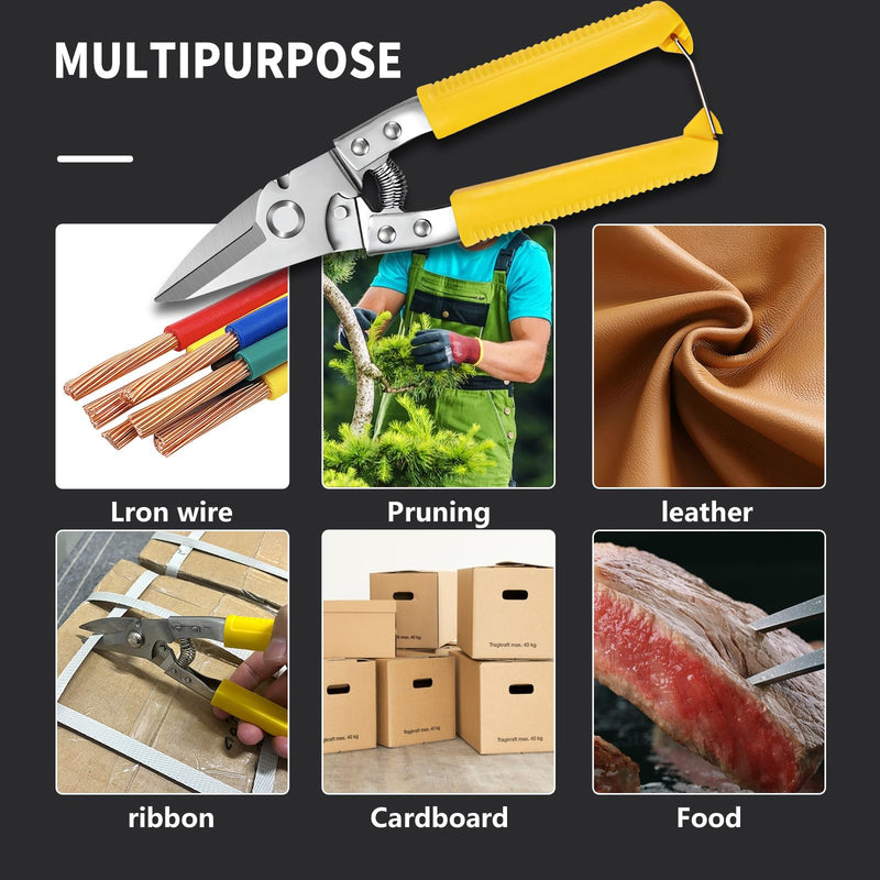 [Australia - AusPower] - Heavy Duty Scissors, Cardboard Scissors, with Finely Serrated High Carbon Stainless Steel Blades- easy Cuts Electrical Cable Notch, Gardening Pruning, Leather, Solid Copper Wire, Insulated Cable, etc 