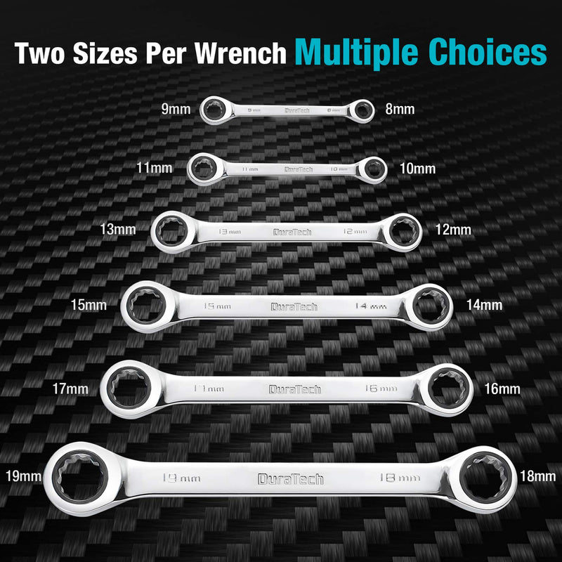 DURATECH Double Box End Ratcheting Wrench Set, Metric, 6-Piece, 8-19mm, CR-V Steel, with Rolling Pouch 6-Piece Wrench Set, Metric, with Rolling Pouch