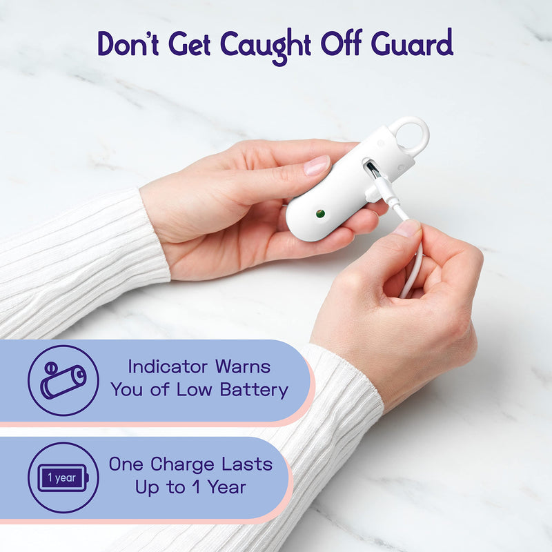 [Australia - AusPower] - Vantamo Personal Alarm for Women - Extra Loud Double Speakers, First with Low Battery Notice with Strobe Light, Rechargeable - Safety Alarm Keychain Pearly White. 