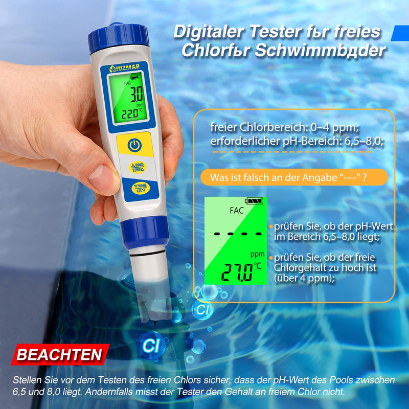 [Australia - AusPower] - UIUZMAR Digital pH and Chlorine Meter, Pool Water Tester for Whirlpool, pH and Salt Content Meter for Swimming Pools, 7 in 1 pH Salt Chlorine ORP EC TDS Temperature Tester for Hydroponics Aquariums 7 in 1 gauge 