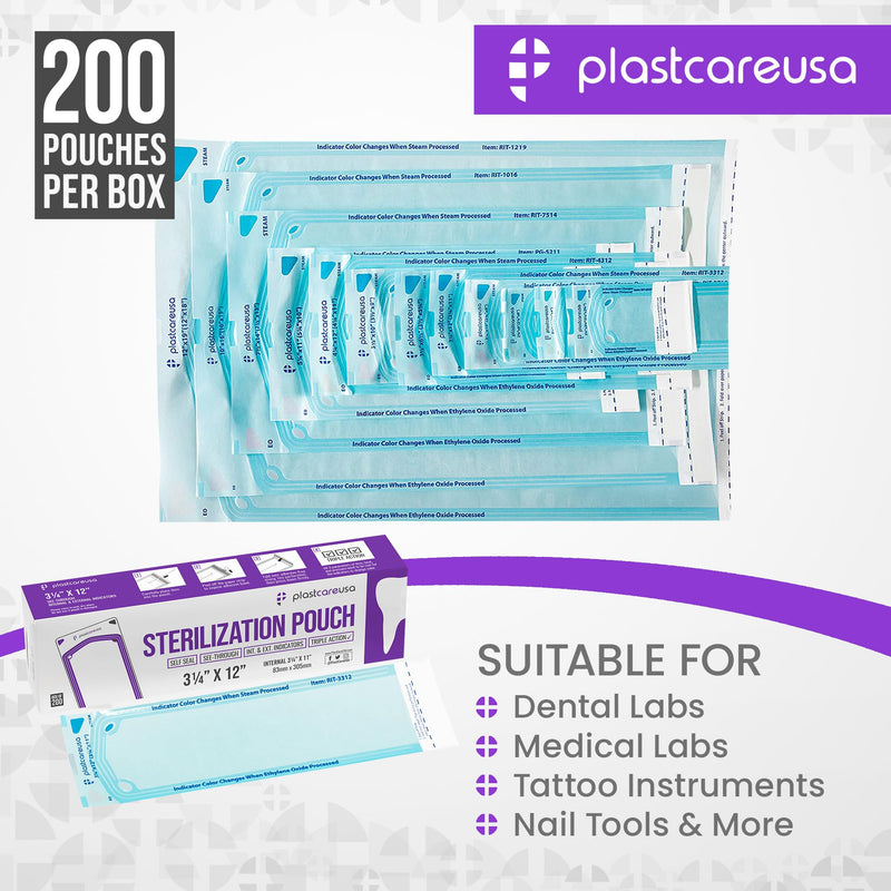 [Australia - AusPower] - 200 3.25 X 12 Inch Self Sterilization Pouches for Dental Offices, Autoclave Sterilizer Bags Pouch for Dentist Tools Cleaning Tools, 1 Box of 200 Pouches 