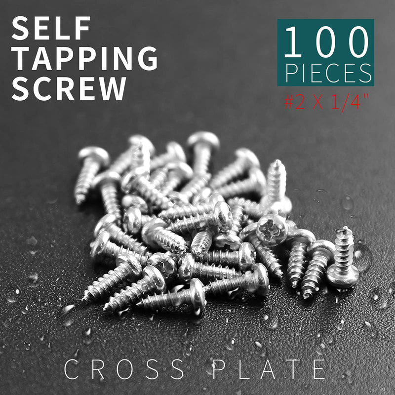 [Australia - AusPower] - 100pcs #2 x 1/4" Pan Head Sheet Metal Screws, Phillips Drive Self-Tapping Screw, Round Head Wood Screw, Full Thread, 304 Stainless Steel 18-8, Bright Finish 