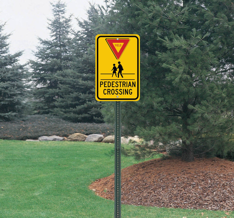 Brady 124399 Traffic Control Sign, Legend "Yield Pedestrian Crossing", 18" Height, 12" Width, Black and Red on Yellow