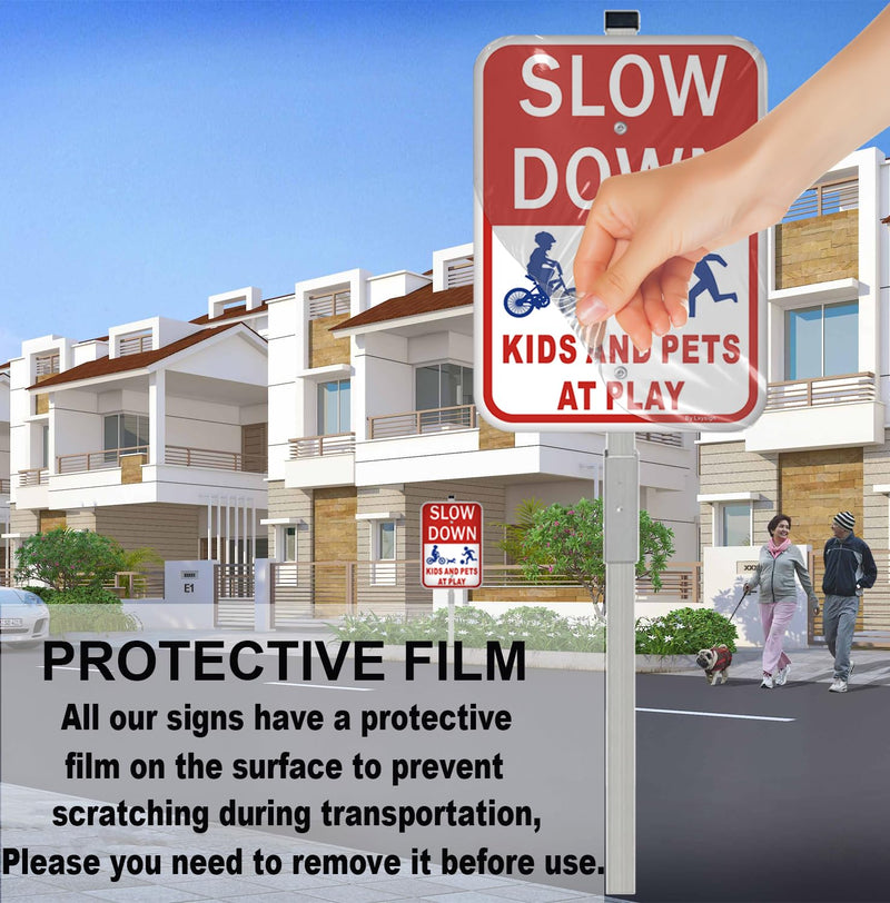 (2Pack) Slow Down Signs，Kids Playing Sign with Stake for Street - Children at Play Safety Signs with 36 Inches Metal Stakes & 14"×10" Reflective Aluminum Sign, Fade Resistant, water proof/weather proof, Easy to Install Style2-2pack with Stake