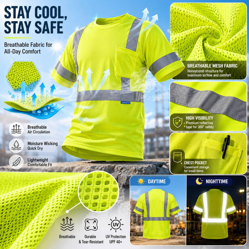 Hi Vis Safety Short Sleeve T Shirt, Class 3 Reflective High Visibility for Men & Women, for Construction, Running, Night Work Large