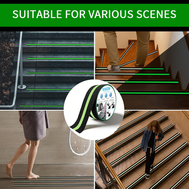 Glow in Dark Anti Slip Tape, 2" x50FT Heavy Duty Waterproof Safety Grip Tape for Stairs, Pool, Bathroom - Black & Glow Stripe Indoor/Outdoor Multi-Purpose Traction Tape 2 Inch x 50 Feet