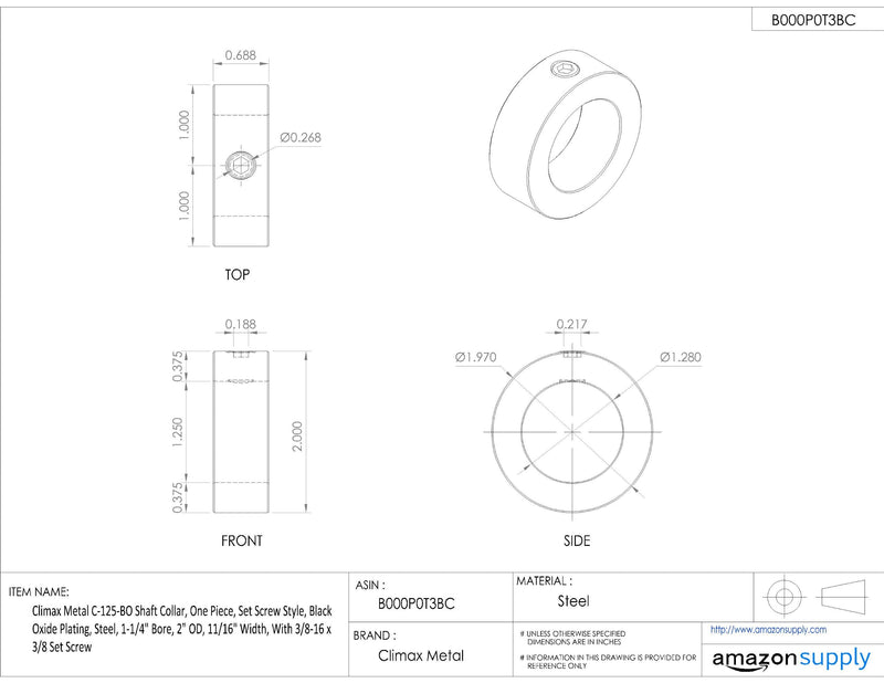 [Australia - AusPower] - C-125-BO Black Oxide Plated Steel One Piece Shaft Collar, Set Screw Style, 1-1/4" Bore, 2" Outside Diameter, 11/16" Width, 3/8"-16 x 3/8" Set Screw 1 Count (Pack of 1) 