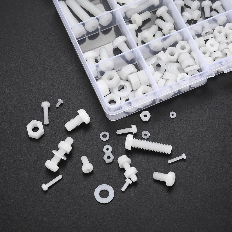 [Australia - AusPower] - 447 Pcs White Nylon Plastic Pan Round Head Screws Bolts and Nuts and Gaskets, Metric Full Threaded Hex Head Screws Bolts and Nuts and Washers Assortment Set - M2/M2.5/M3/M4/M5/M6 