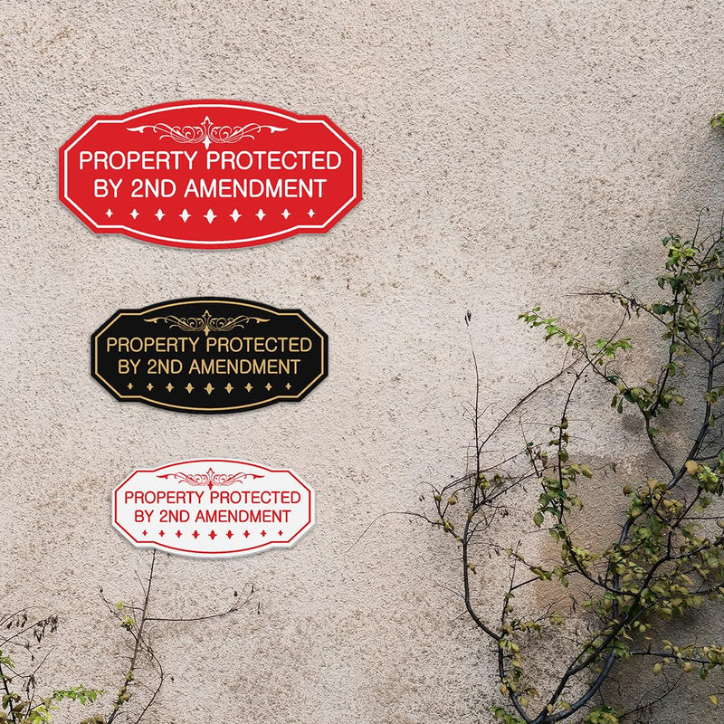 Victorian Property Protected By 2nd Amendment Sign - Easy Installation | Durable Wall or Door (Black Gold) - Large (2 Pack) 5 x 10" - Large (2 Pack) Black Gold