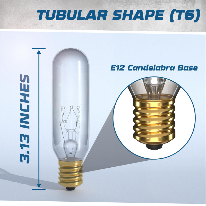Mini T6 Tubular Incandescent Light Bulb (24-Pack) 25W Bulbs, Clear Glass, Dimmable Warm White 2700K 180 Lumens E12 Candelabra Base 2.5 Inch Short Decorative Accent Bulb 24