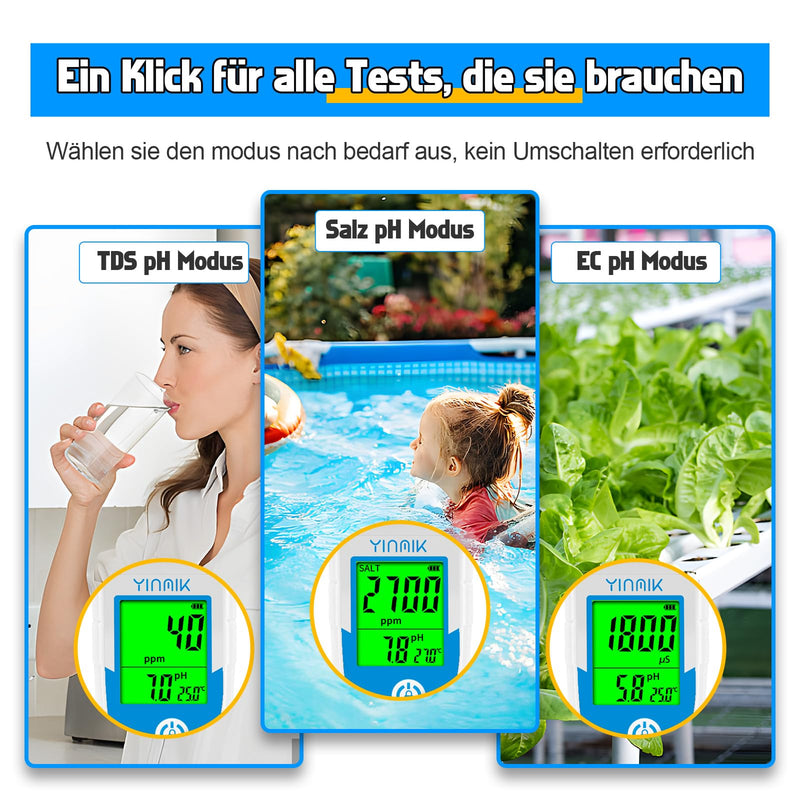 YINMIK pH Meter Water, Pool pH Salt Meter with pH Calibration Solution | pH PPM Simultaneous Display for Drinking Water, Digital pH EC Meter for Hydroponics, TDS Conductivity Tester for Koi Ponds blue pH meter