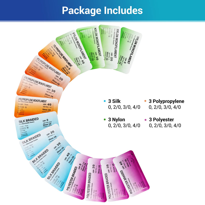 [Australia - AusPower] - Alcedo Sterile Sutures Thread & Needle with Tools Kit, First Aid Field Emergency Supplies, 16 Mixed 0, 2/0, 3/0, 4/0 with 12 Instruments, Complete Kit (28 Pieces) 
