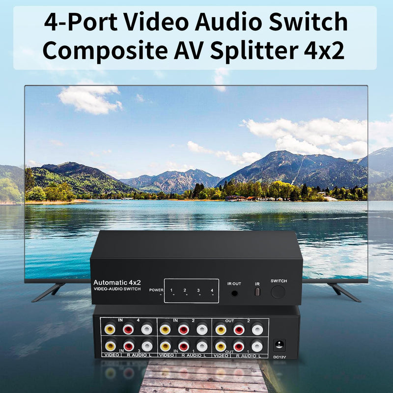 BolAAzuL RCA Switch Splitter 4 in 2 Out - Composite Video L/R Audio Selector Box 4X2, 4-Way RCA Switcher - 4 Port AV Splitter Selector Switch - for Wii PS2 Xbox DVD STB HDTV