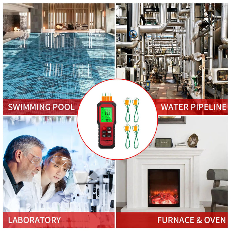 [Australia - AusPower] - YZT Meter 4-Channel K-Type Temperature Thermometer Measurement Range- 328℉~2501℉,Temperature Data Logger Comes with 4 PCS Thermocouple Probe Sensor Red 
