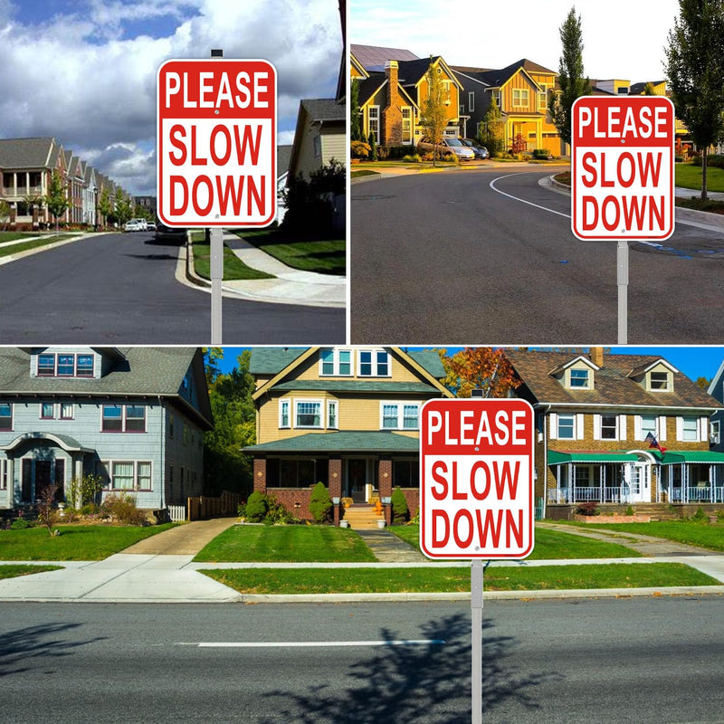 2 Pack Please Slow Down Yard Signs, with 36" Metal Stakes, 14"x10" Reflective Aluminum, Durable Warning Traffic Sign for Slower Speeds, Great for Neighborhoods, Includes Matching Screws & Wrench Red 2Pack- 14"x10" Slow Down Sign- with Stake