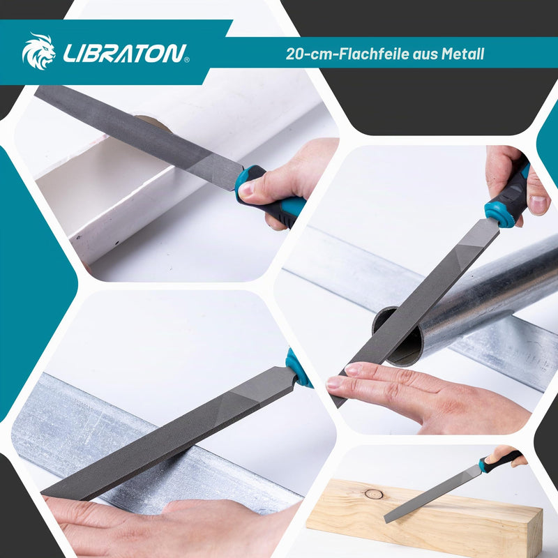 LIBRATON 200mm Flat File for Metal Metal File Tool | File carbon steel, hand file metal, metalworking, wood, plastic, flat file for refining, shaping and scraping 200 mm flat file