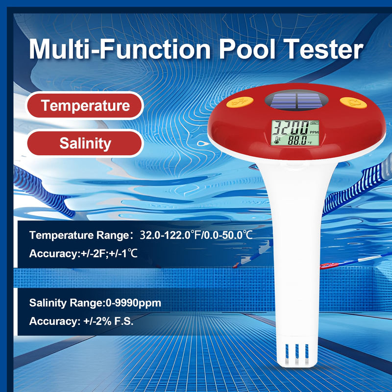 [Australia - AusPower] - Floating Digital Salinity Tester with ATC,Solar Powered Salt&Temp Level Monitor with pH Strips,Pool Salt Meter Solar Powered Temperature & Salinity Tester for Saltwater Aquarium Pool Spa Hot Tub Pond 