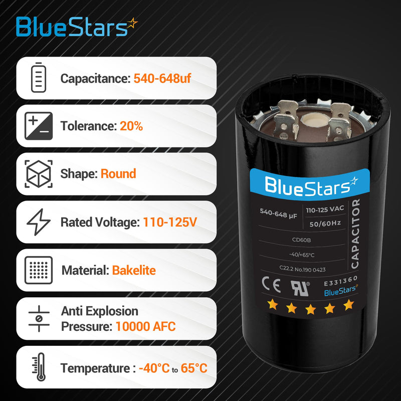 BlueStars 2 packs 540-648 uf/MFD 110-125 VAC Volt Run Round Start Capacitor ±20% Replacement part - Fit for OEM Single Phase Motor Capacitors Condenser Straight Cool or Heat Pump Air Conditioner 540-648 MFD PO2