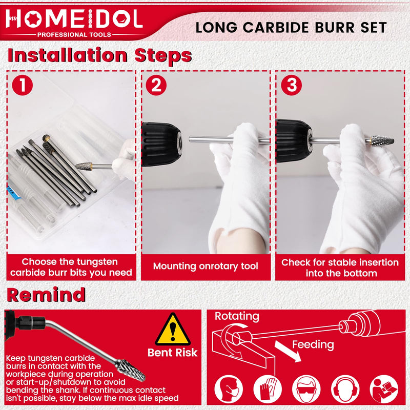 10Pcs Long Carbide Burr Set 1/4" Shank Die Grinder Bits, HOMEIDOL 4"(100mm) Long Rotary Files Tungsten Carbide Rotary Burr Set, Carbide Drill Bits for Metal Stone Wood Carving Engraving Deburring 10pcs 4" long die grinder bits(1/4" Shank)