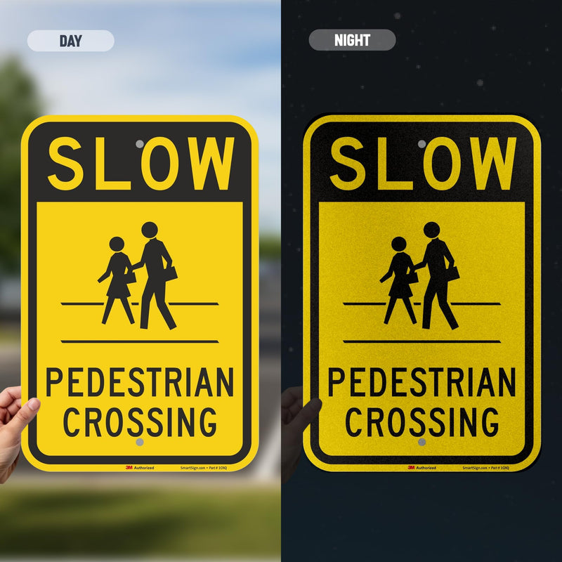 SmartSign "Slow - Pedestrian Crossing" Sign | 12" x 18" 3M Engineer Grade Reflective Aluminum Black on Yellow