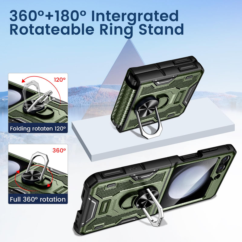 [Australia - AusPower] - VEGO for Z Flip 5 Case with Hinge Protection, 360°Ring Magnetic Kickstand & Camera Screen Protector & Belt Clip Holster, Military Grade Shockproof Case for Samsung Galaxy Z Flip 5 - Green 