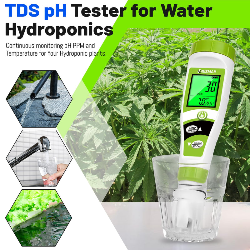 [Australia - AusPower] - UIUZAMR pH Meter for Hydroponics PPM EC Meter for Water Hydroponics Simultaneously Display Tester for Plant Nutrients pH Conductivity Meter for Reservoir Tank Hydroponic Water System 4 in 1 Tester with Solution 