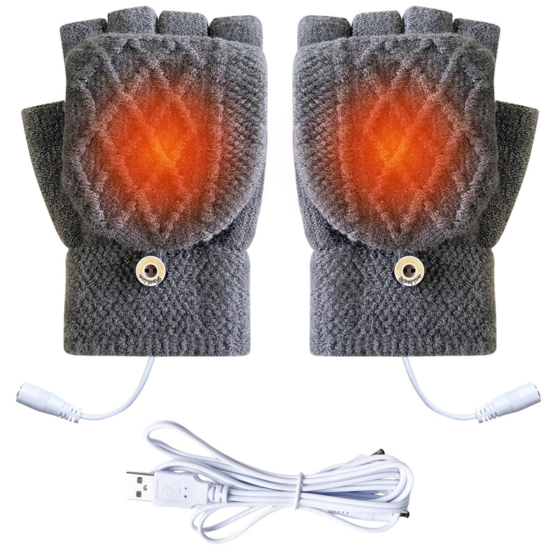 [Australia - AusPower] - Women's & Men's USB Heated Gloves Mitten Full & Half Fingerless Winter Hands Warmer Laptop Gloves Pure Grey 