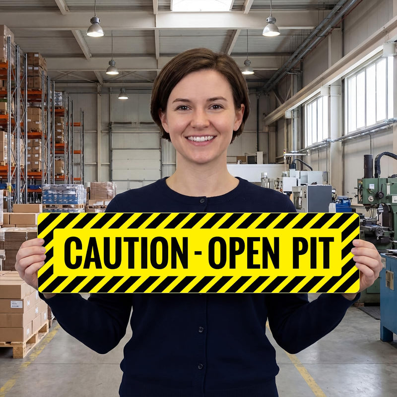 Mifoci CAUTION-OPEN PIT Floor Sign, Anti-slip 6 x 24 Inch PVC Adhesive Decal, Non-slip Safety Warning for Warehouse, Factory, Workshop, Workplace, Black on Yellow