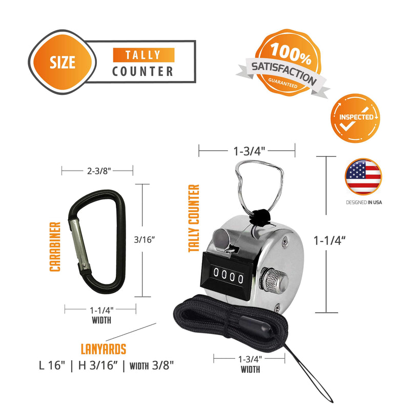 Hand Pitch Tally Counter Clicker –2/6 Pack Handheld People Lap Counter Clickers with 2 Lanyard and 2 Carabiners– Manual Mechanical 4 Digit Number Finger Ring Click for Baseball Umpire Golf Sport Metal 4 PACK