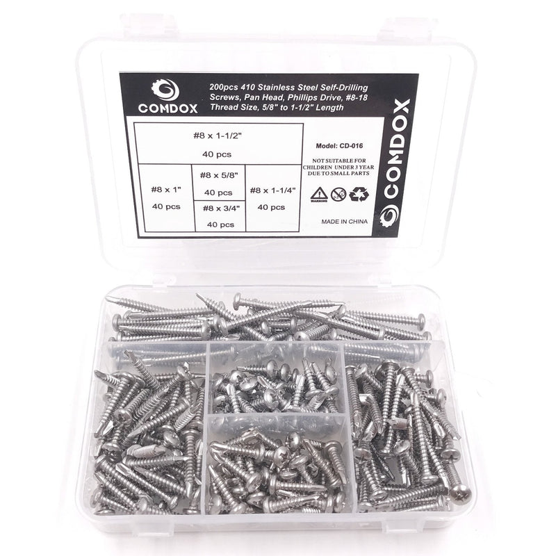 410 Stainless Steel Self Drilling Screws Kit Set, Pan Head Phillips Sheet Metal Tek Screws Assortment Kit, Modified Truss Head, #8-18 Thread Size, 5/8" to 1-1/2" Length (Pack of 200)