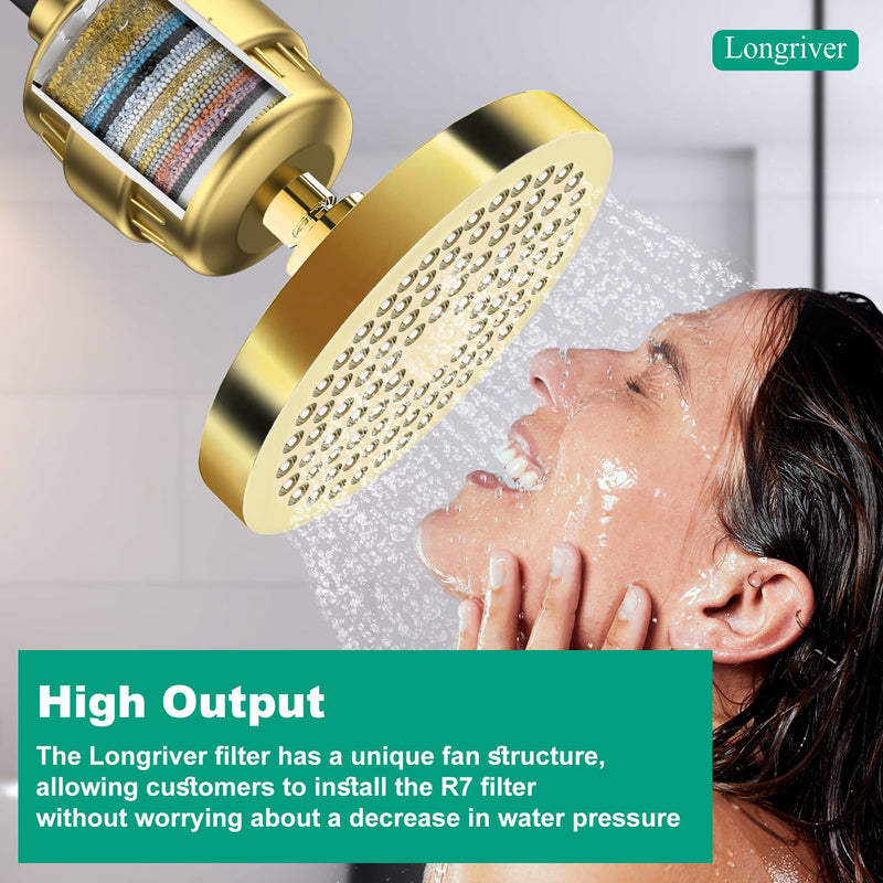 R7 Shower Filter High Put Shower Water Filter for Hard Water 99.99% Remove Chlorine, Heavy Metals, Shower Water Softener, Improve your skin and hair, Bathroom Fixture Hardware Parts, Brushed Gold 1 X Brushed Gold